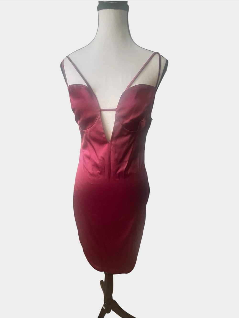 Miss Circle Burgundy Wine Satin Plunge Cutout Bodycon Midi Dress Small